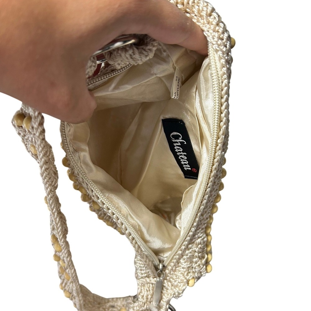 Vintage Chateau Shoulder Bag Small Tan Beaded Crochet Boho Purse